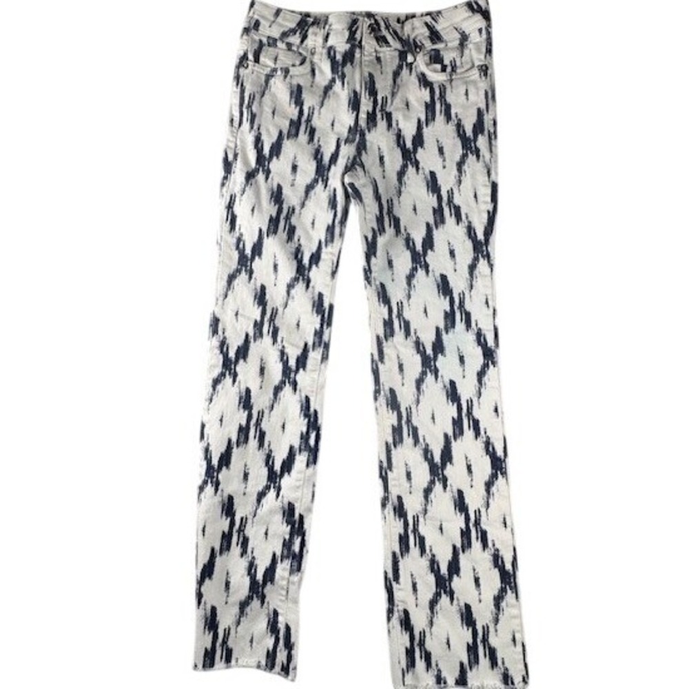 Free People Jeans Womens 25 White Navy Ikat Diamond Print Slim Raw Hem OB836848